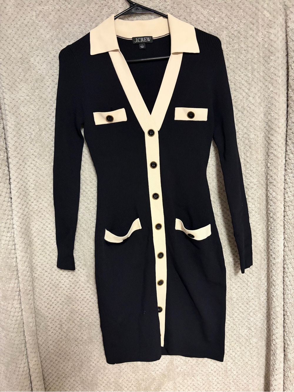 J. Crew Black Knit Long Sleeve Button-Front Dress with Cream Trim